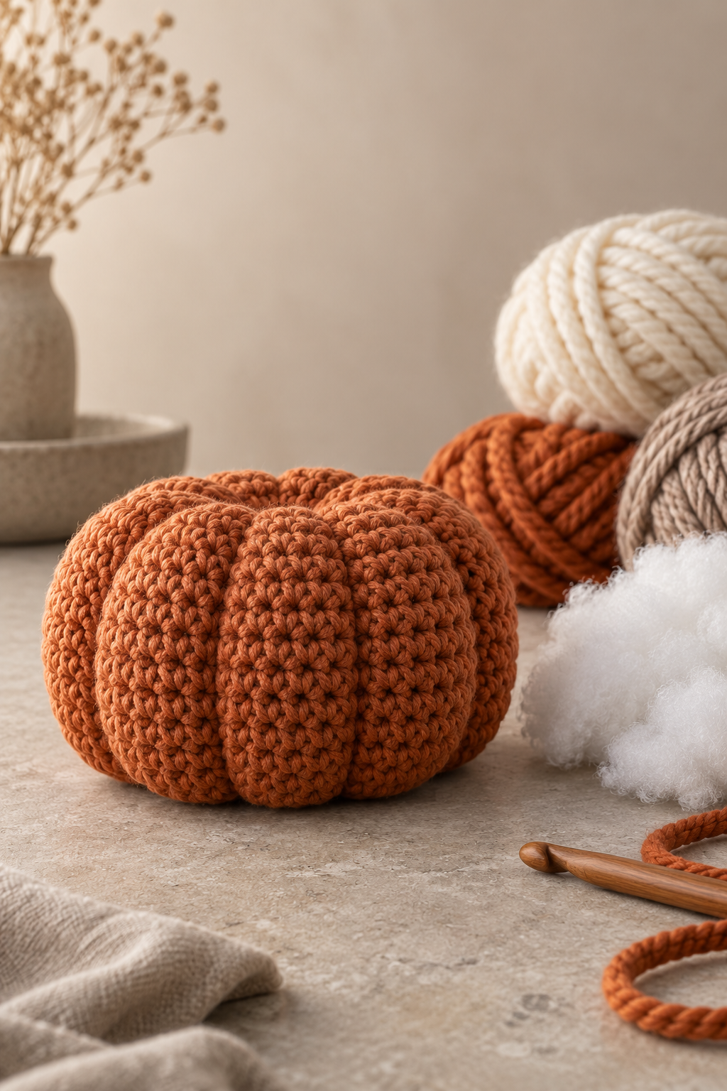 Crochet pumpkin base with yarn and stuffing