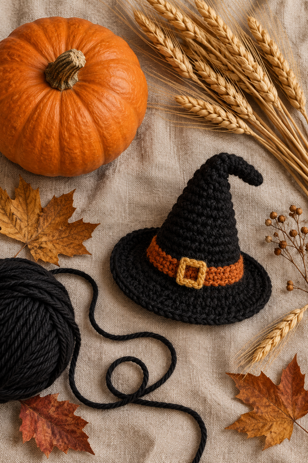 Autumn crochet pumpkin stack yarn palette and witch hat
