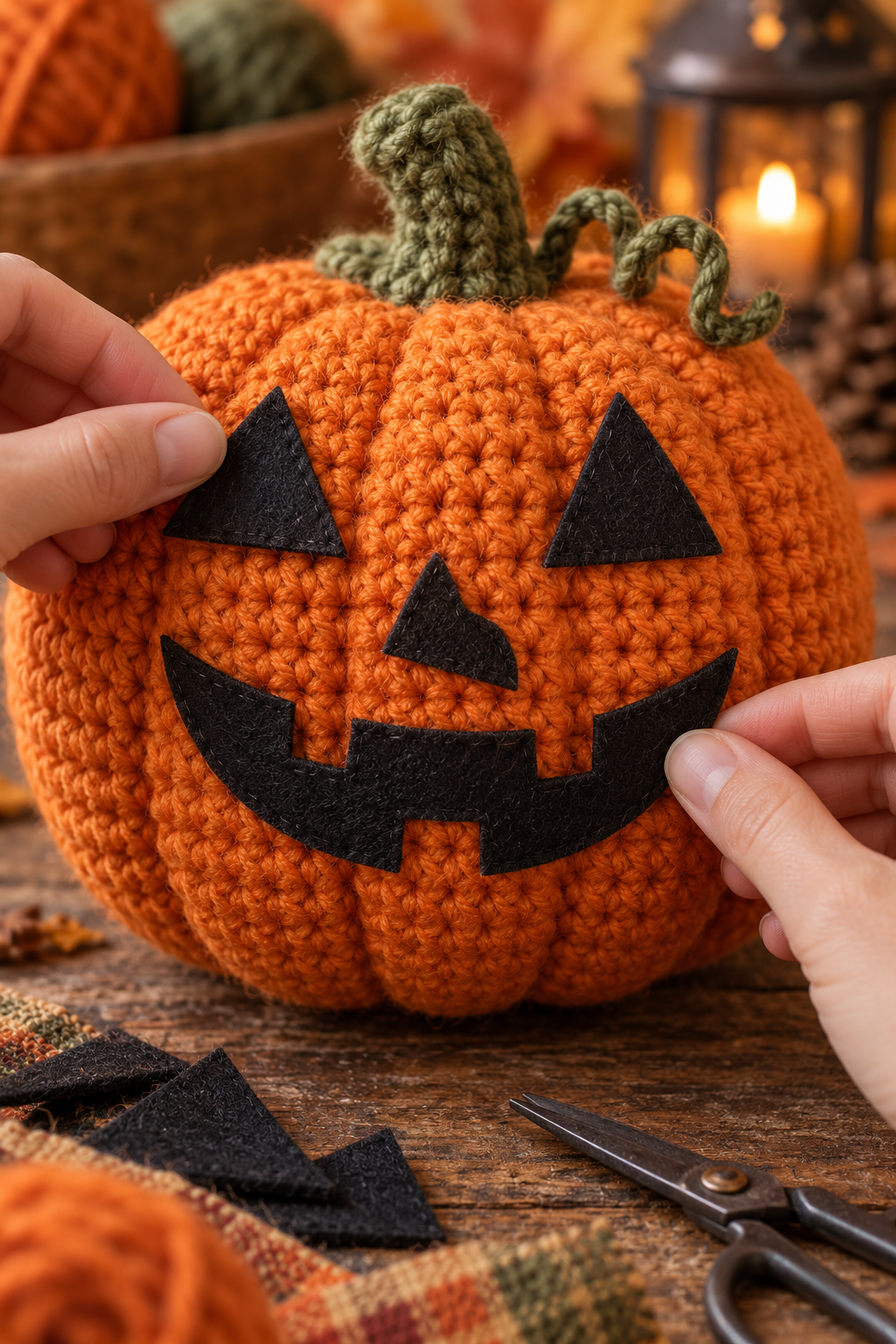 Felt jack-o-lantern details on crochet pumpkin stack