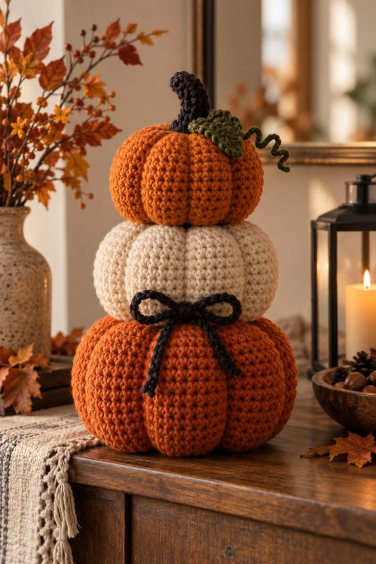 stacked crochet pumpkin seasonal decoration