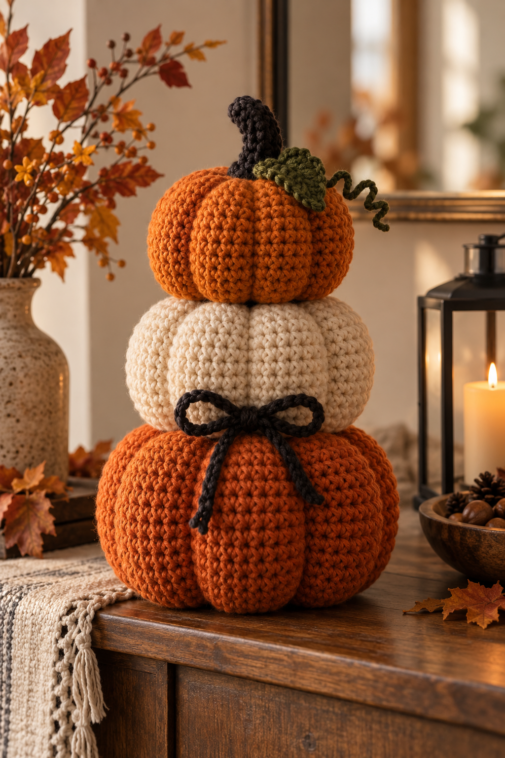 stacked crochet pumpkin seasonal decoration