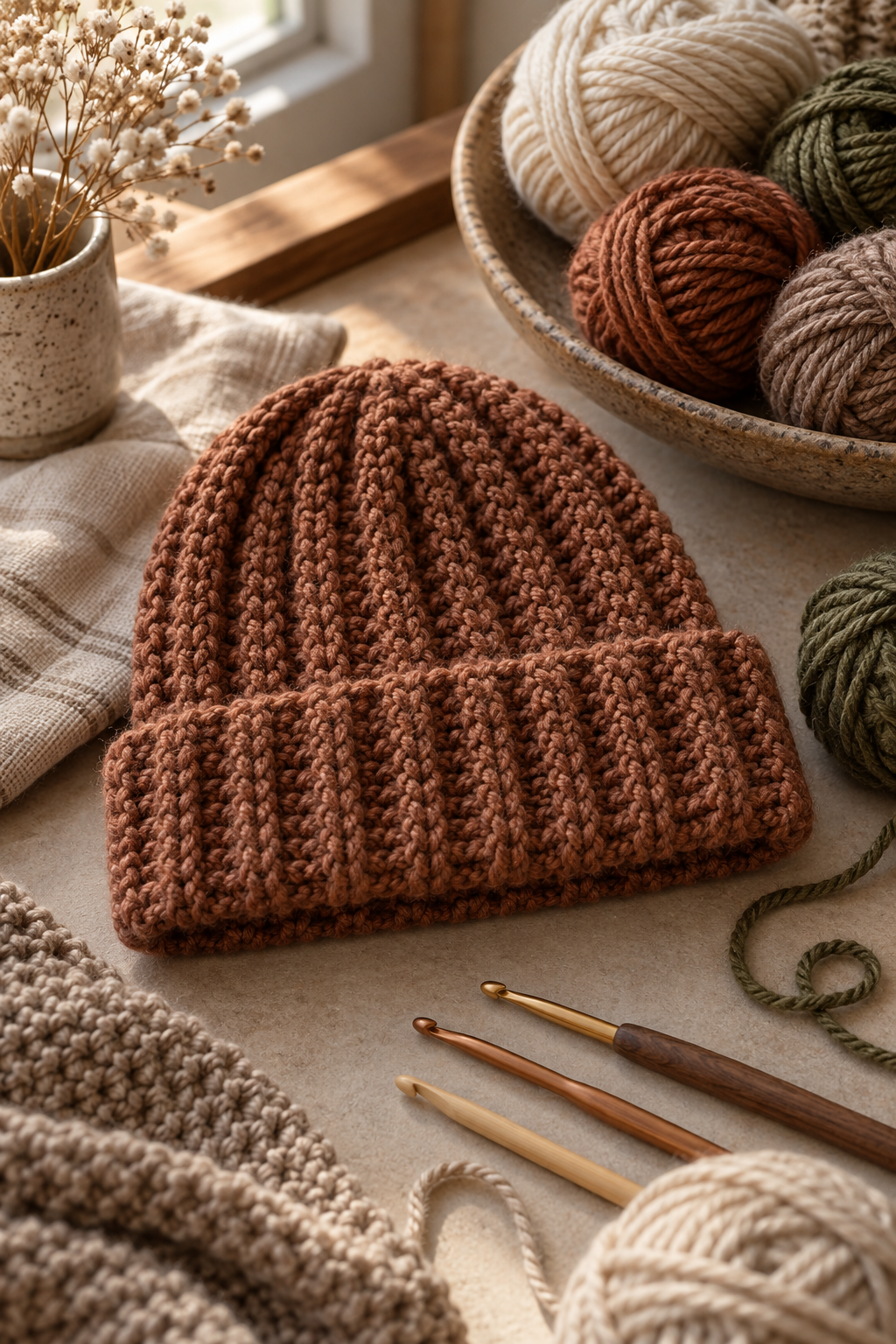 Crochet ribbed beanie: Yarn and hook choices