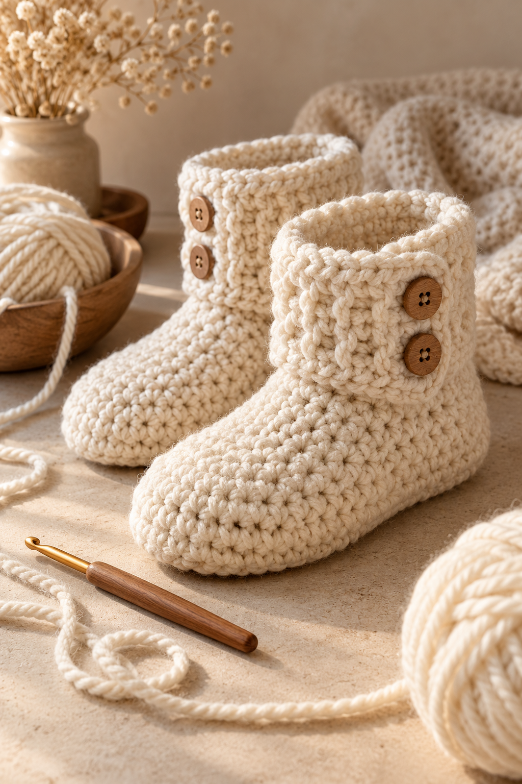 Close-up of thick crochet slipper boot stitches