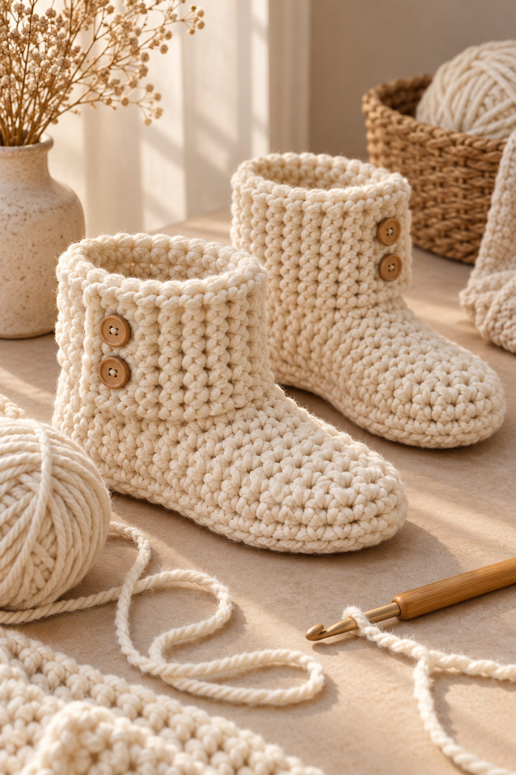 Crochet slipper sole supplies arranged on linen