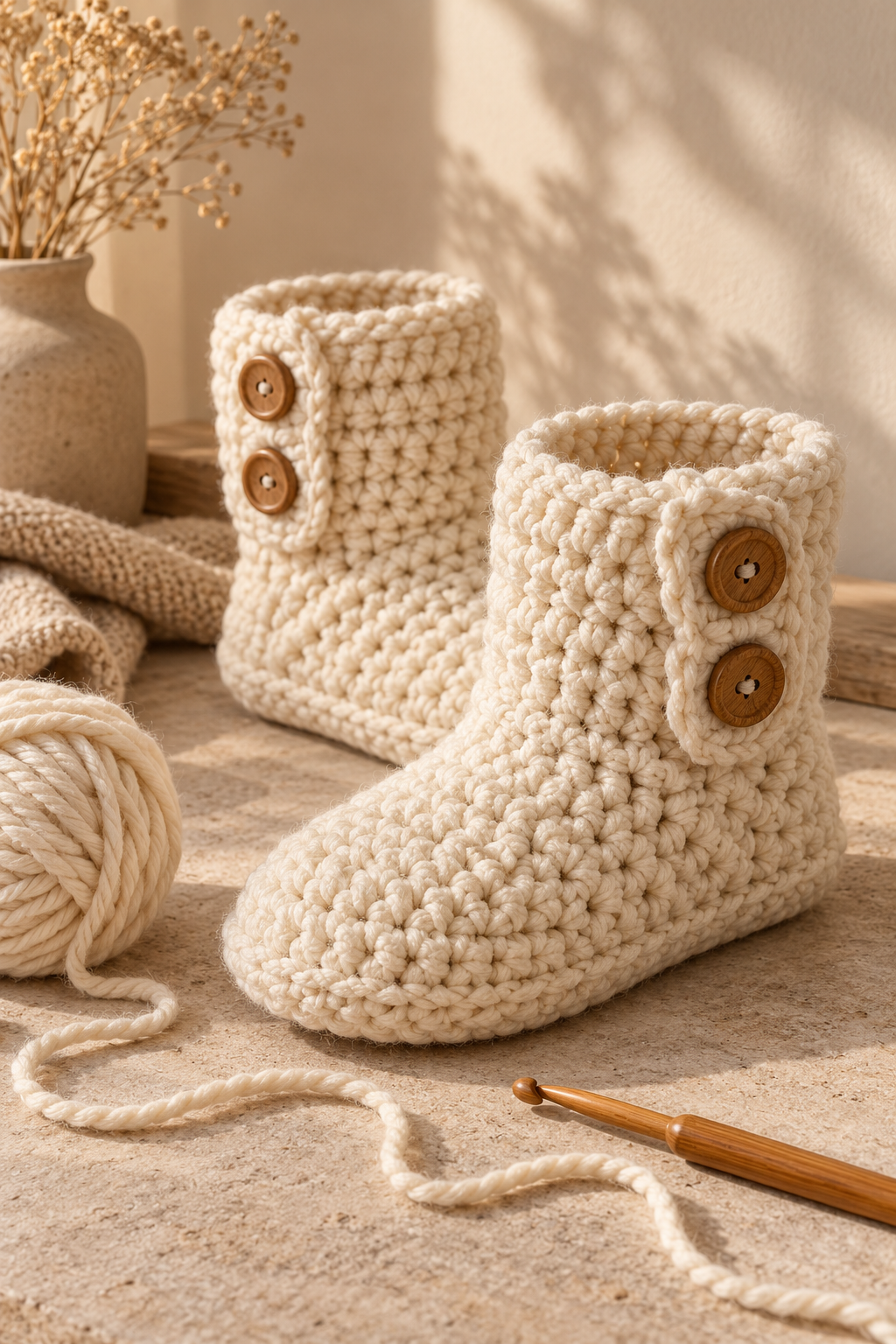 Finished crochet slipper boot beside a measuring tape