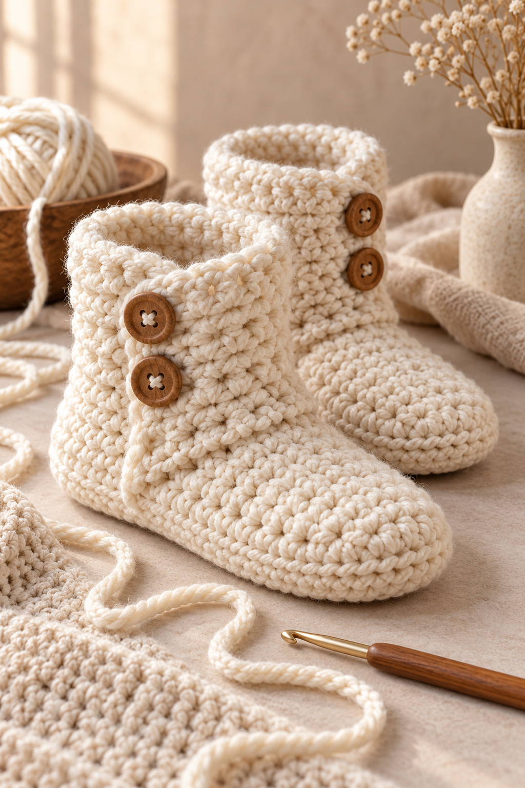 Crochet slipper boots styled beside a mug and blanket