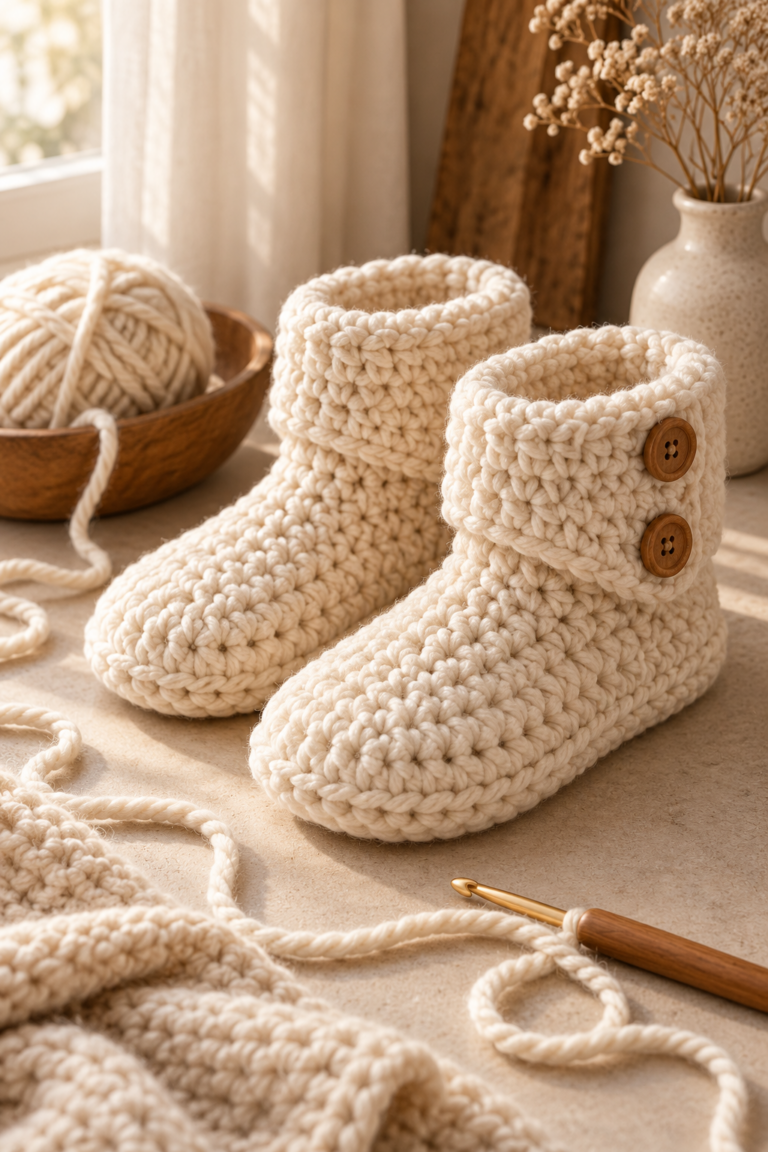 Chunky crochet slipper boots styled with yarn and a hook