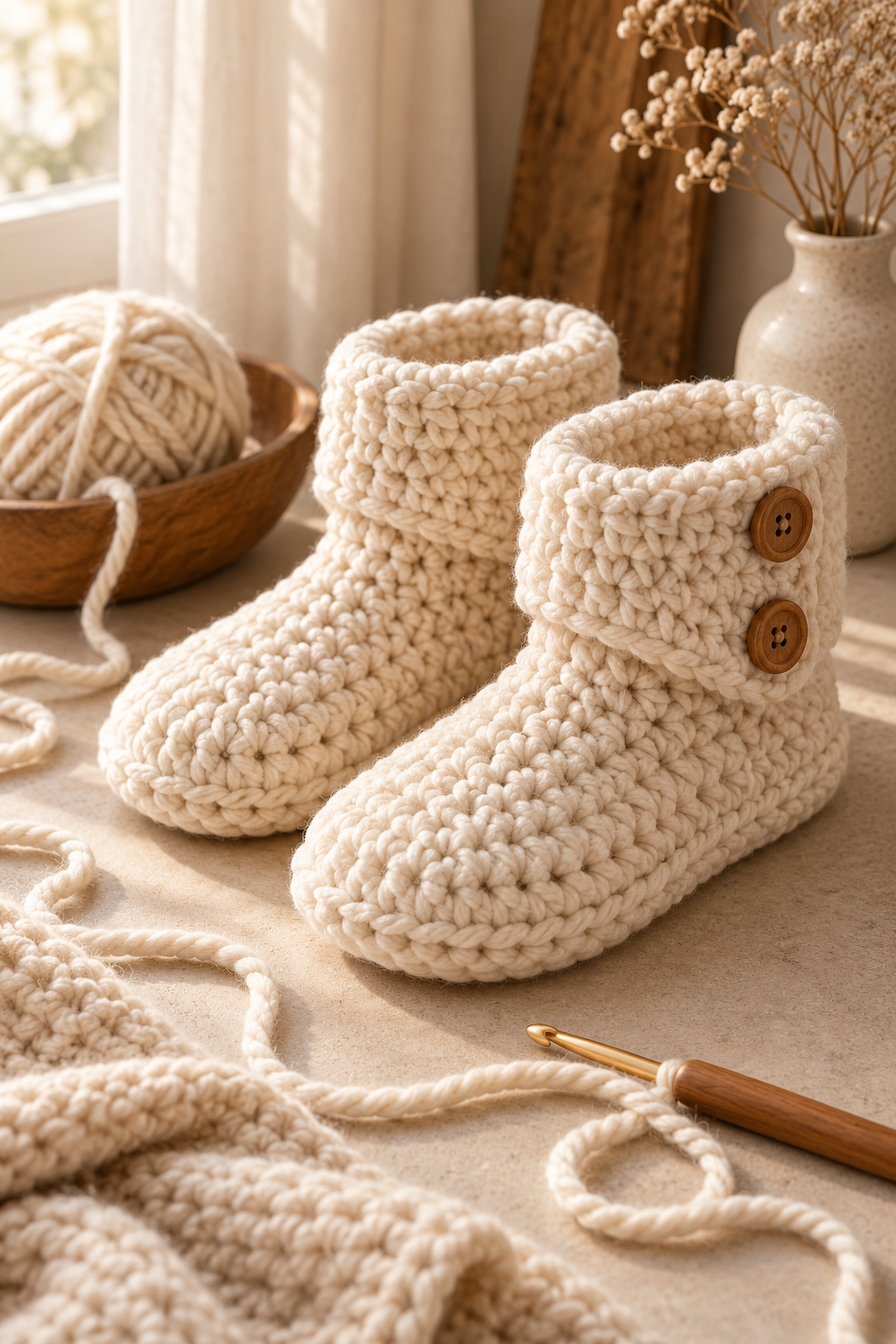 Chunky crochet slipper boots styled with yarn and a hook