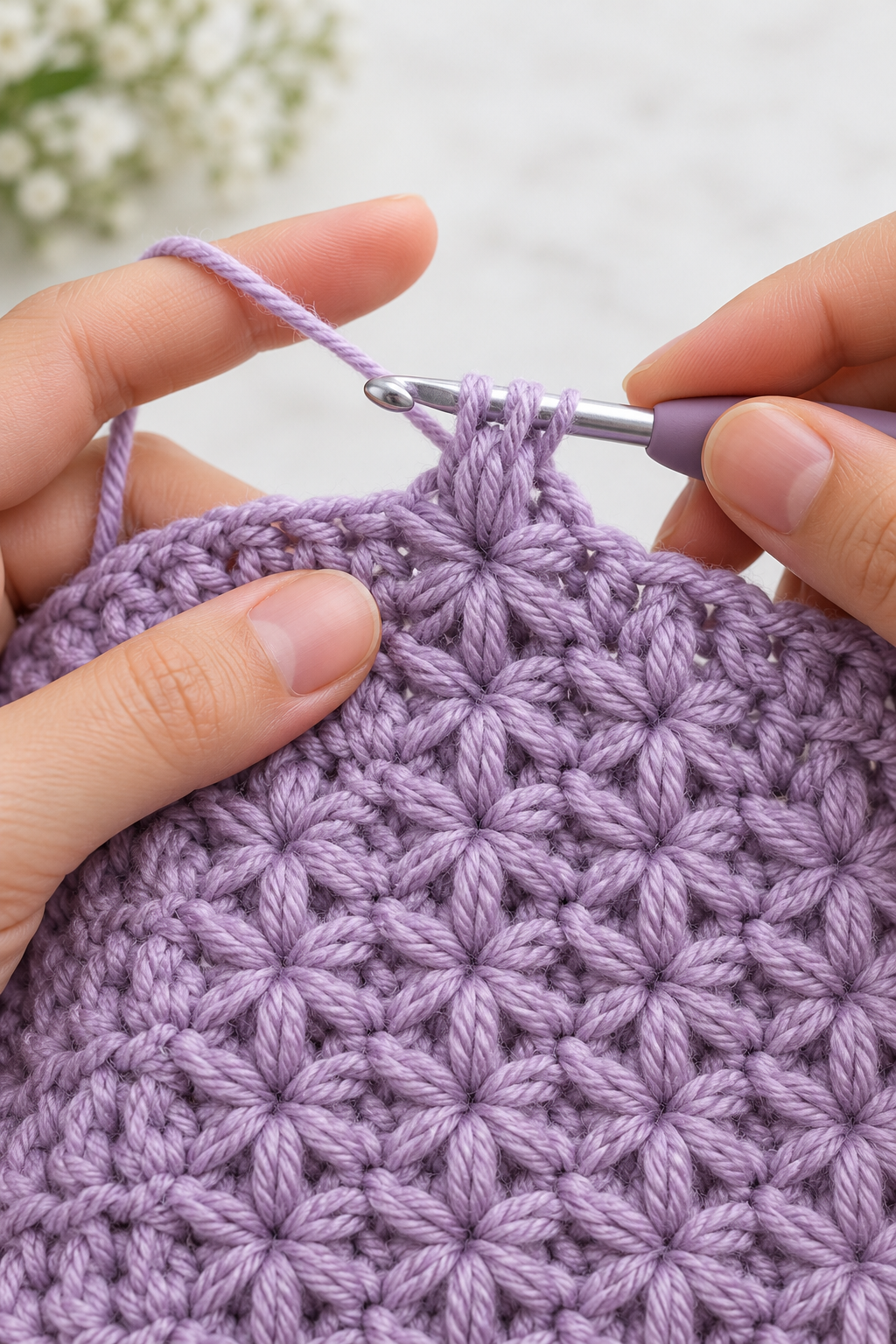 Hands forming a crochet star stitch with looped texture