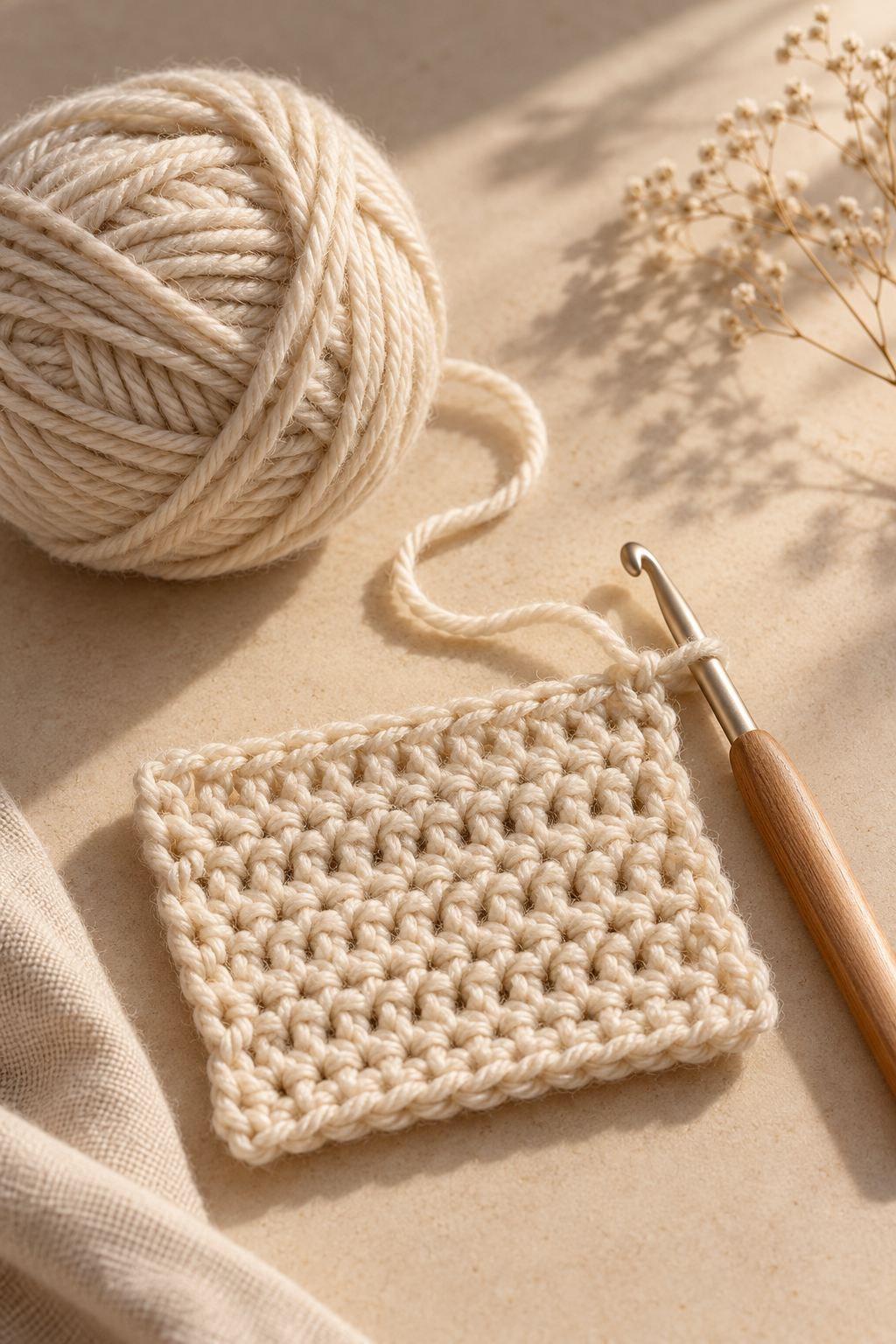 Worsted yarn and hook for a crochet star stitch swatch