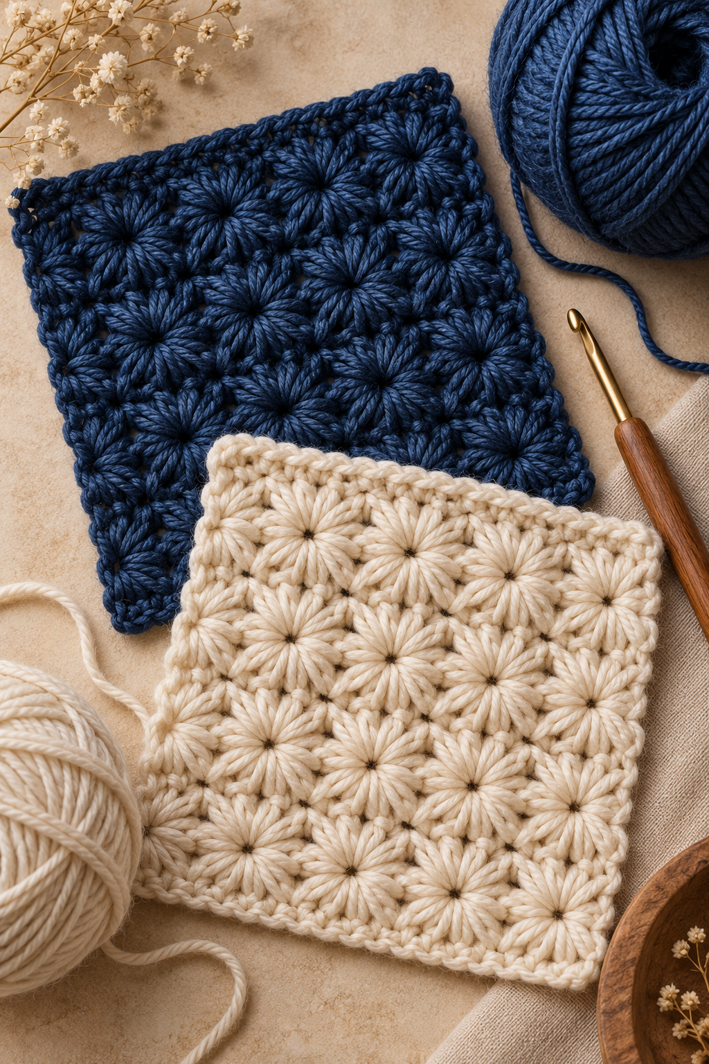Textured crochet star stitch swatches showing row definition