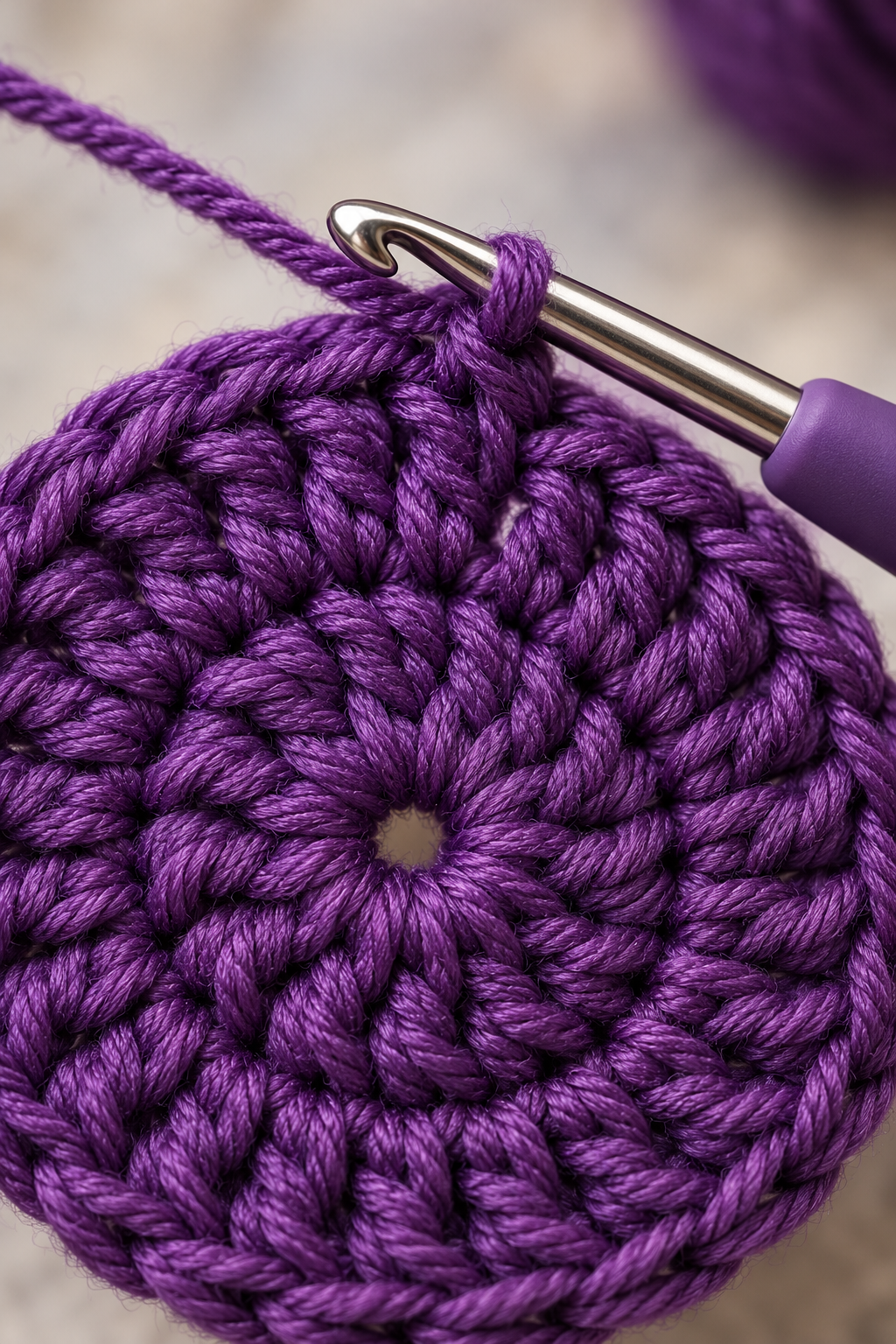 Crochet star stitch round with hook near the small eye