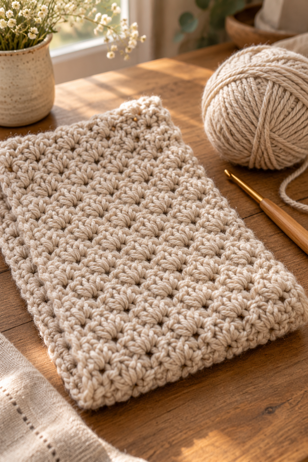 Finished crochet star stitch panel styled as a cozy accessory