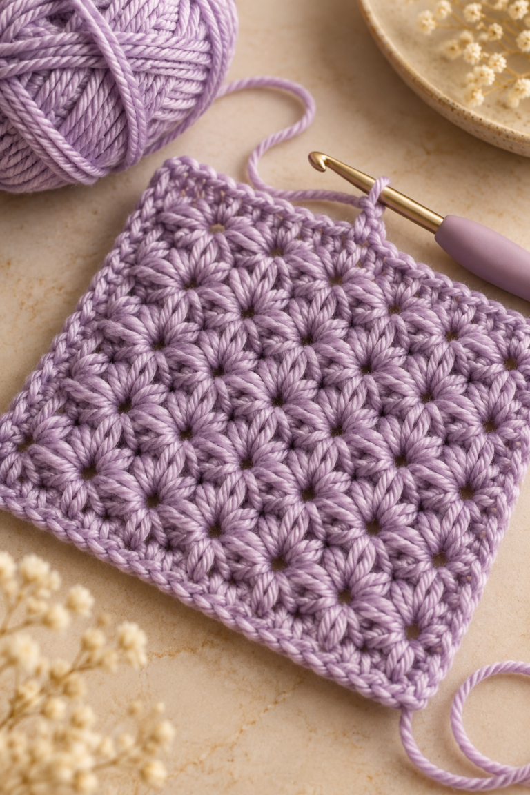 Lavender crochet star stitch swatch with a hook