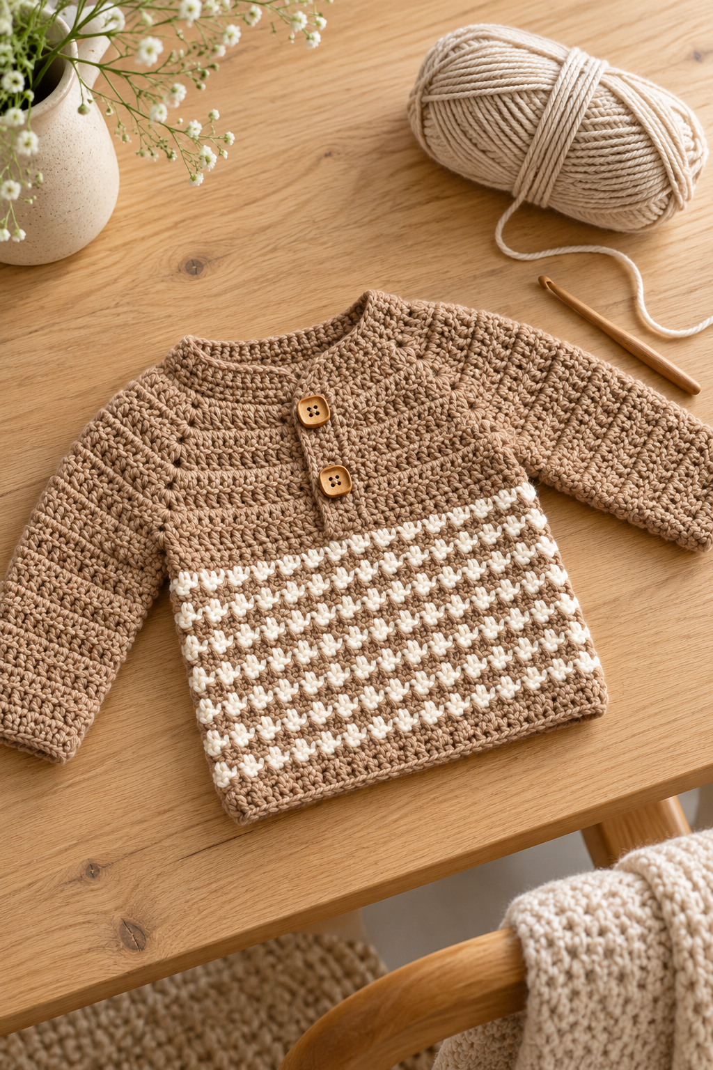 Crochet toddler sweater pattern in a warm neutral yarn with a neat Henley opening