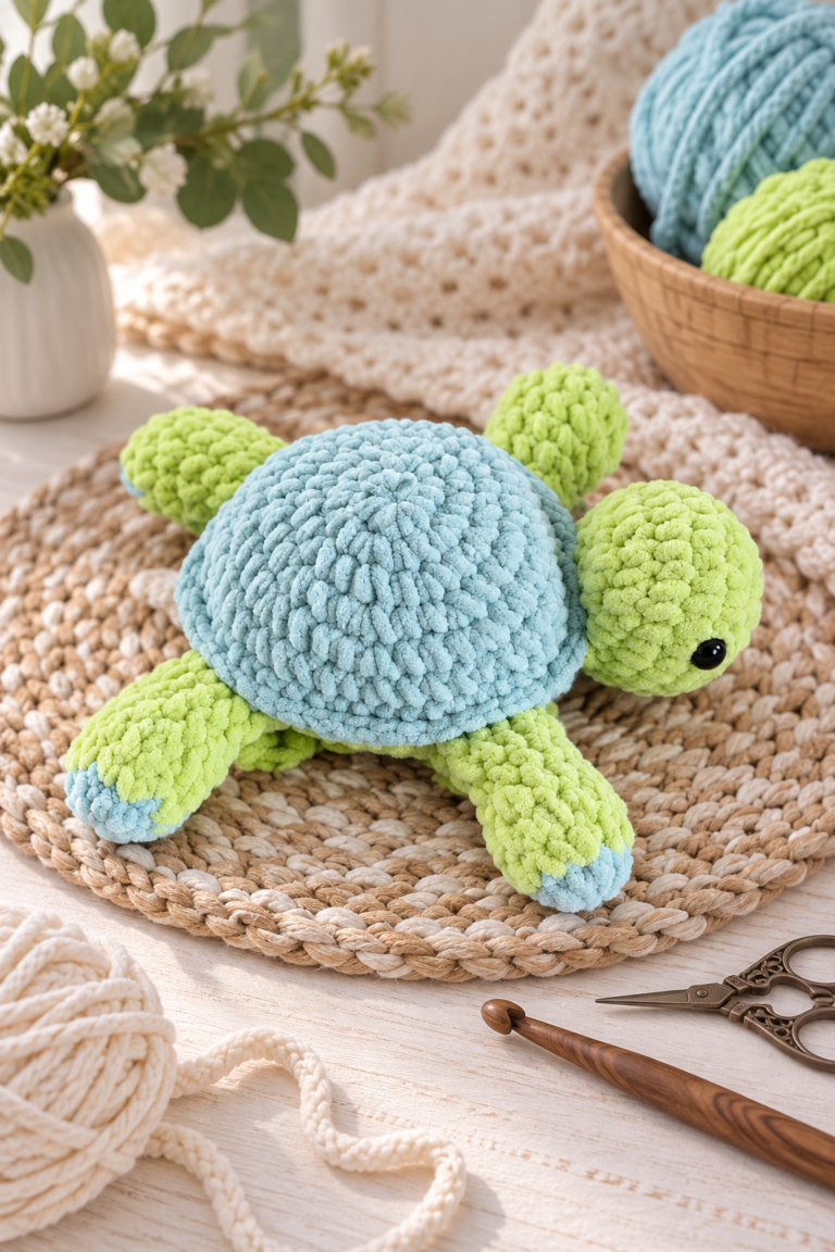Crochet turtle pattern finished blue and lime green turtle