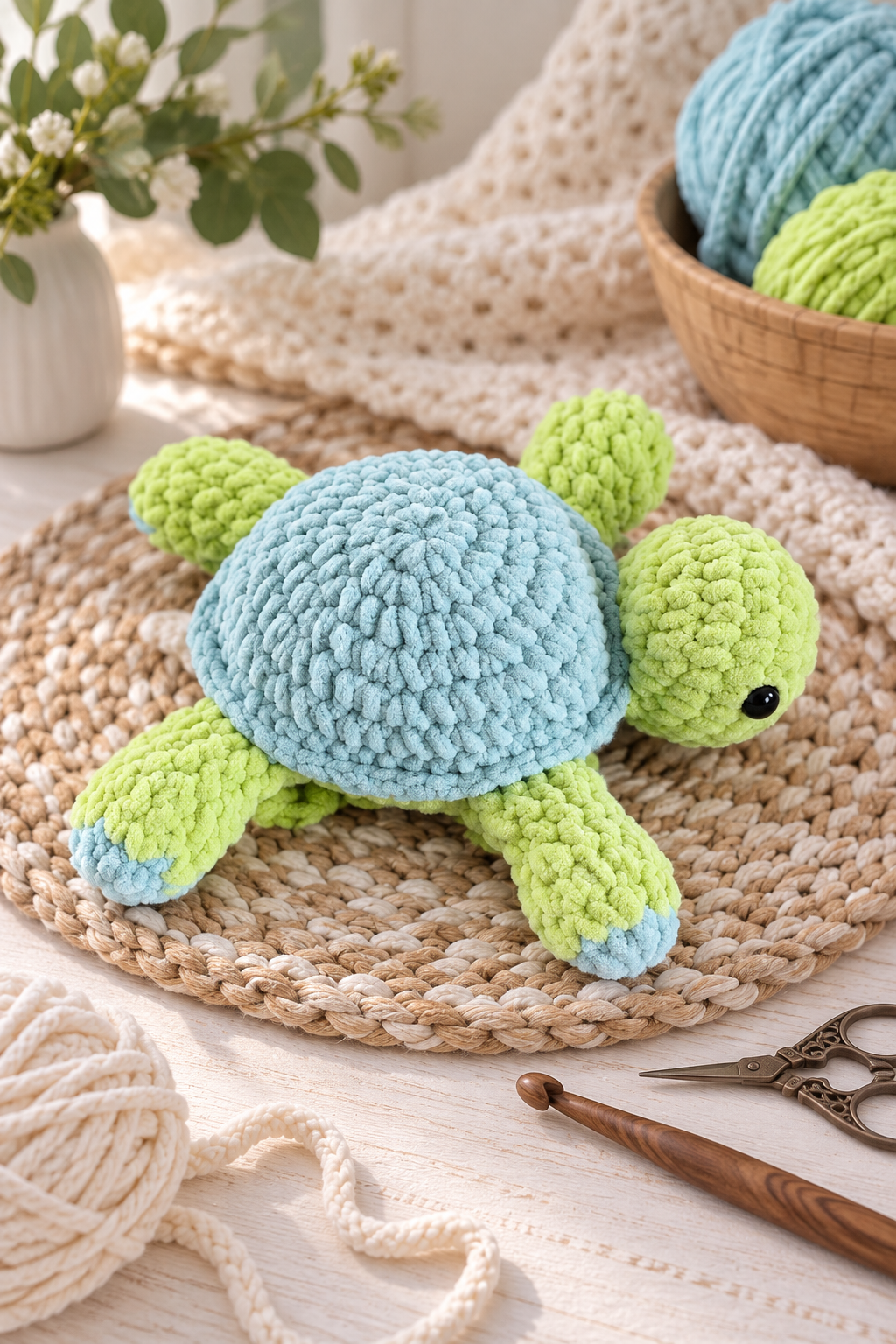 Crochet turtle pattern finished blue and lime green turtle
