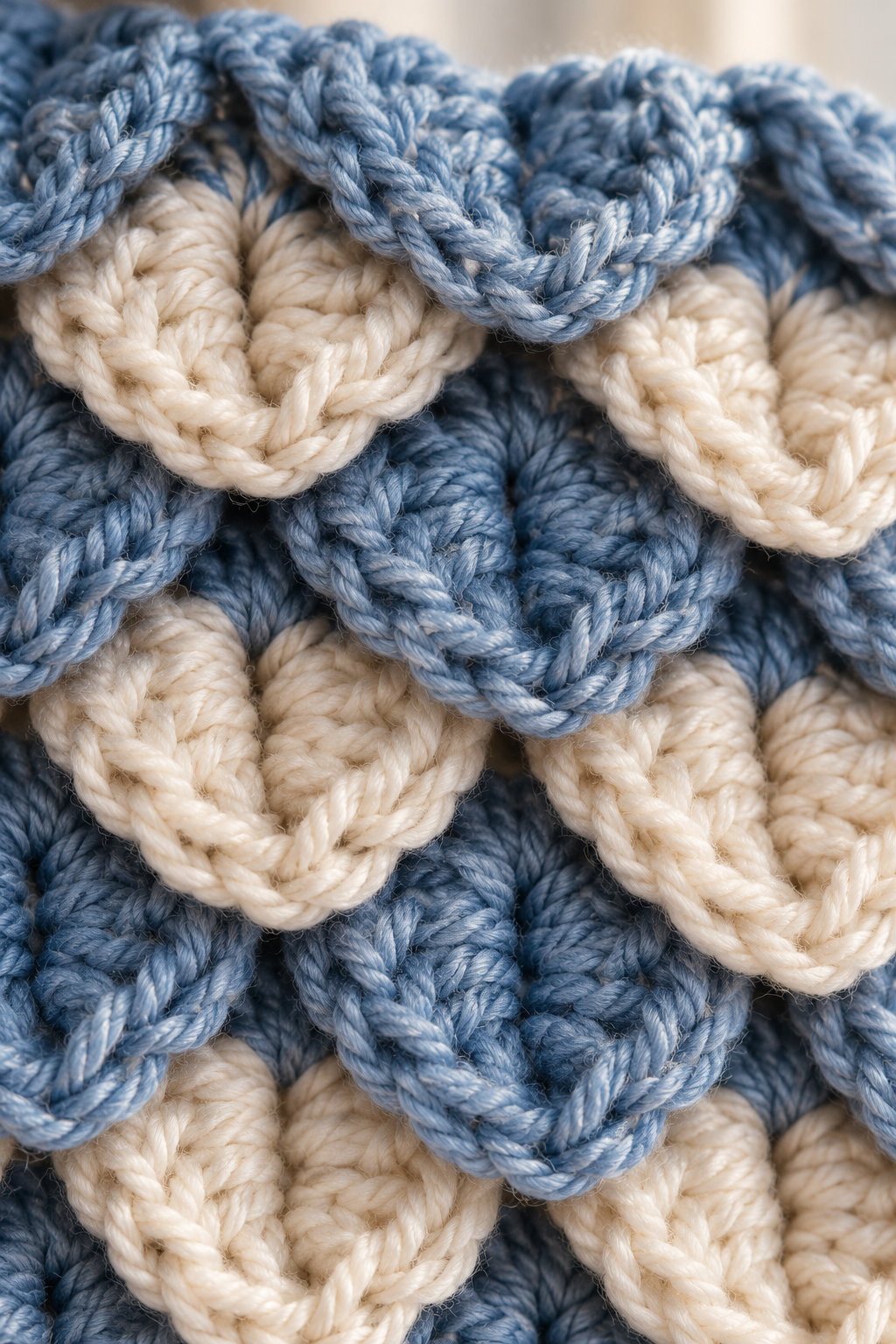 Overlapping crocodile crochet stitch scales in blue and cream yarn