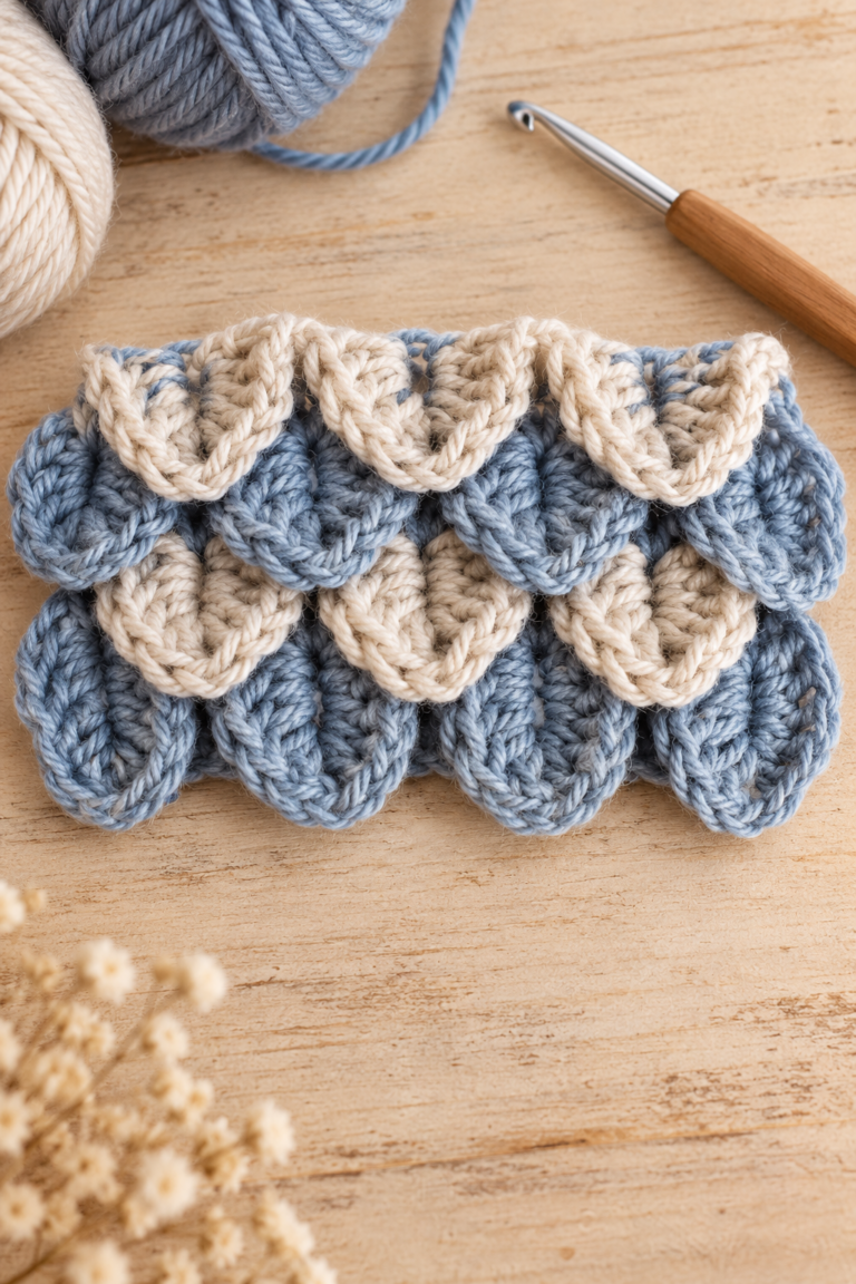 Textured crocodile crochet stitch swatch in blue and cream yarn