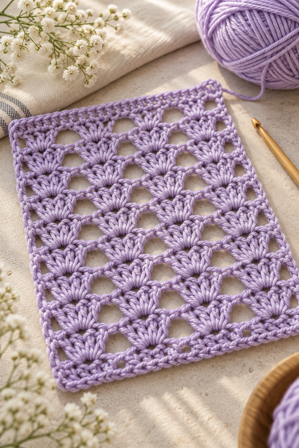 double crochet lace stitch swatch in soft lavender yarn