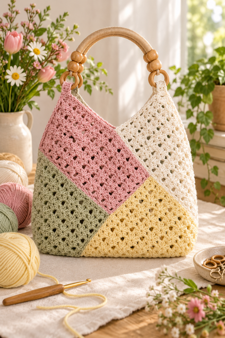 Easy crochet bag made from four rectangular panels with textured stitches