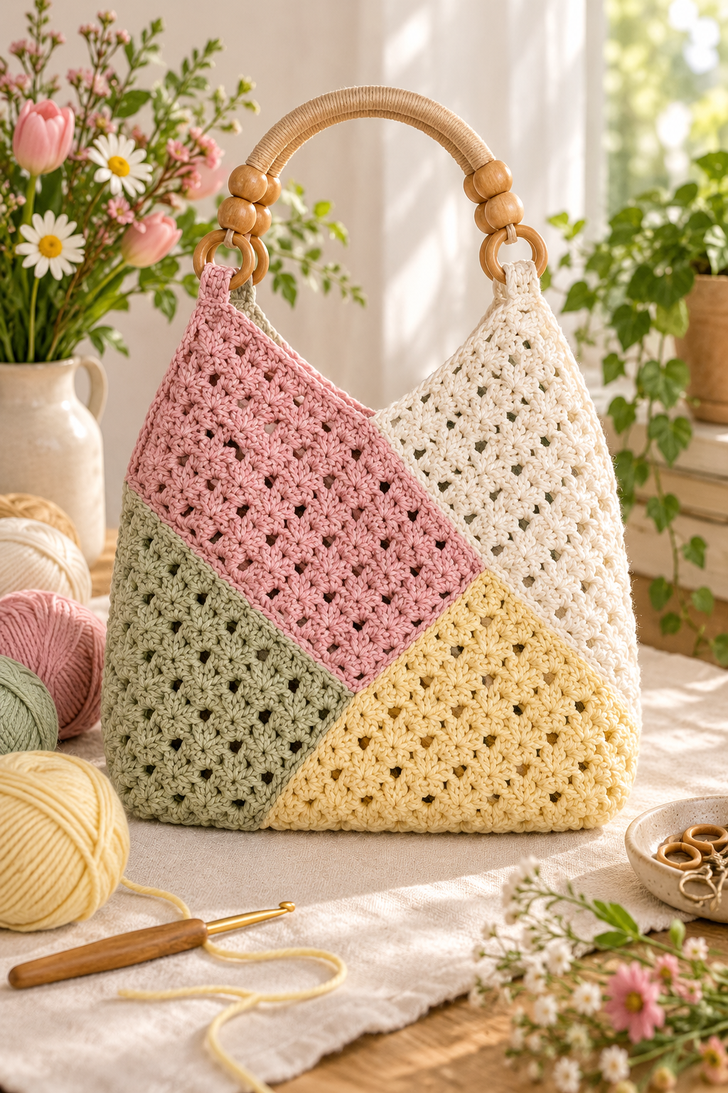 Easy crochet bag made from four rectangular panels with textured stitches