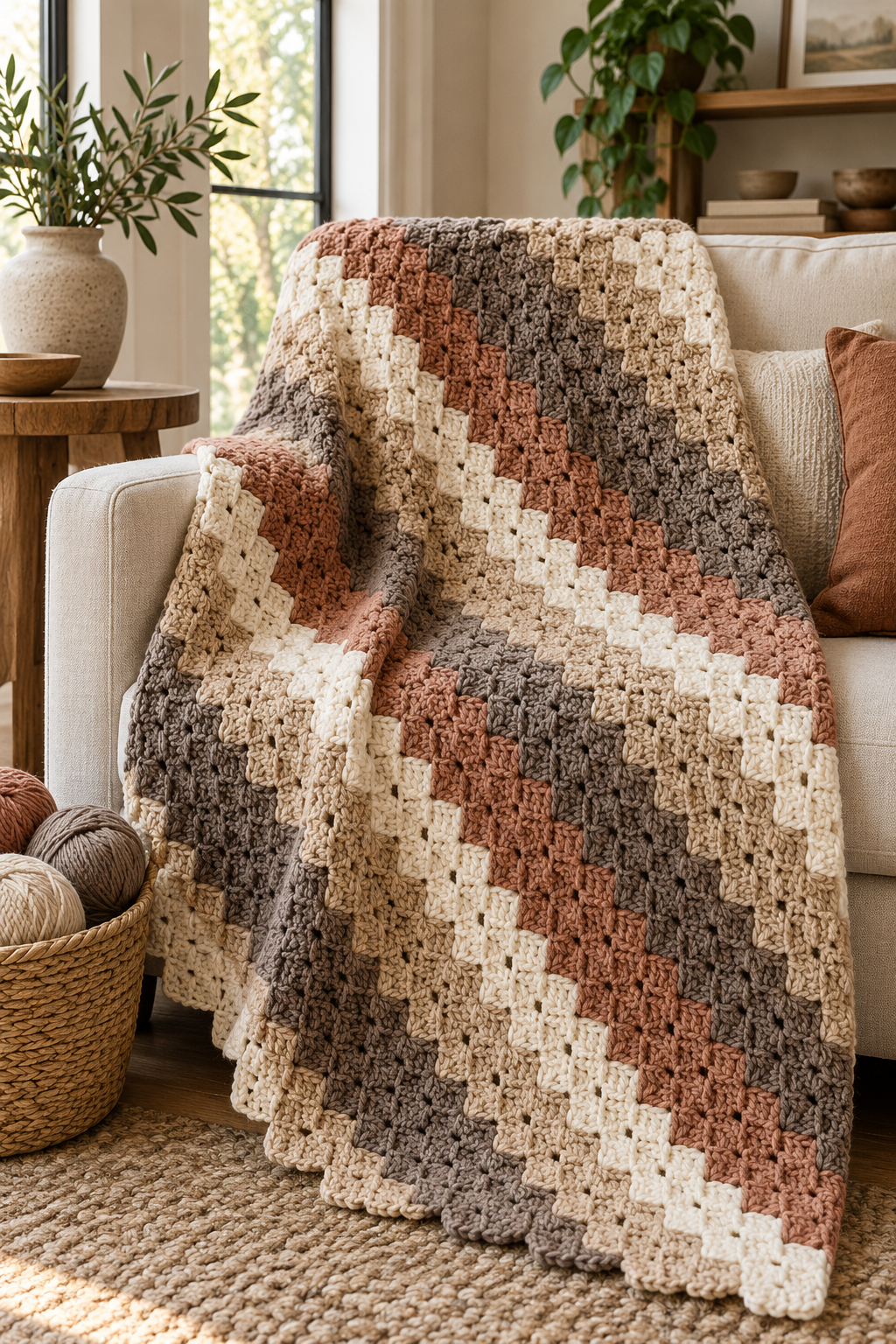 Easy crochet C2C blanket with diagonal double crochet blocks
