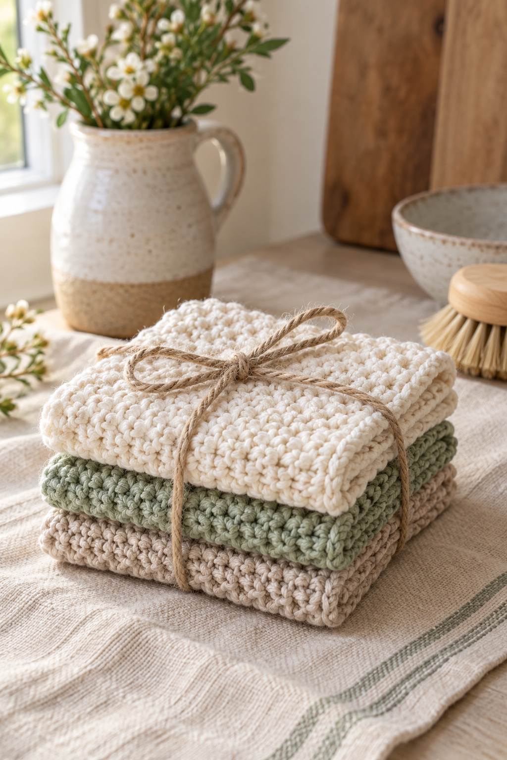folded finished easy crochet dishcloth ready for gifting