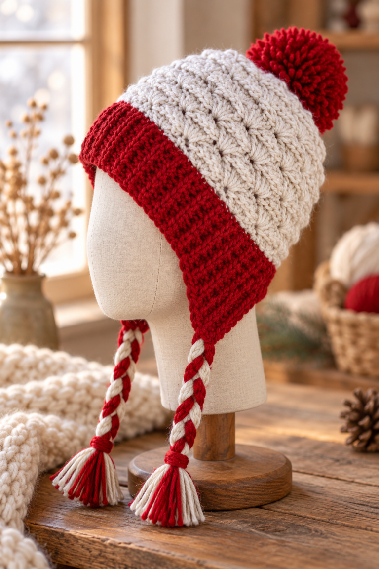 textured crochet ear flap hat