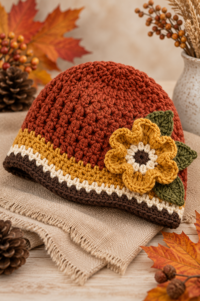 fall crochet beanie with flower