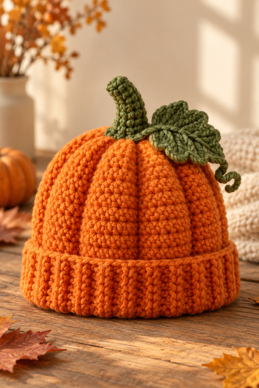 Finished crochet pumpkin hat with green stem and leaf