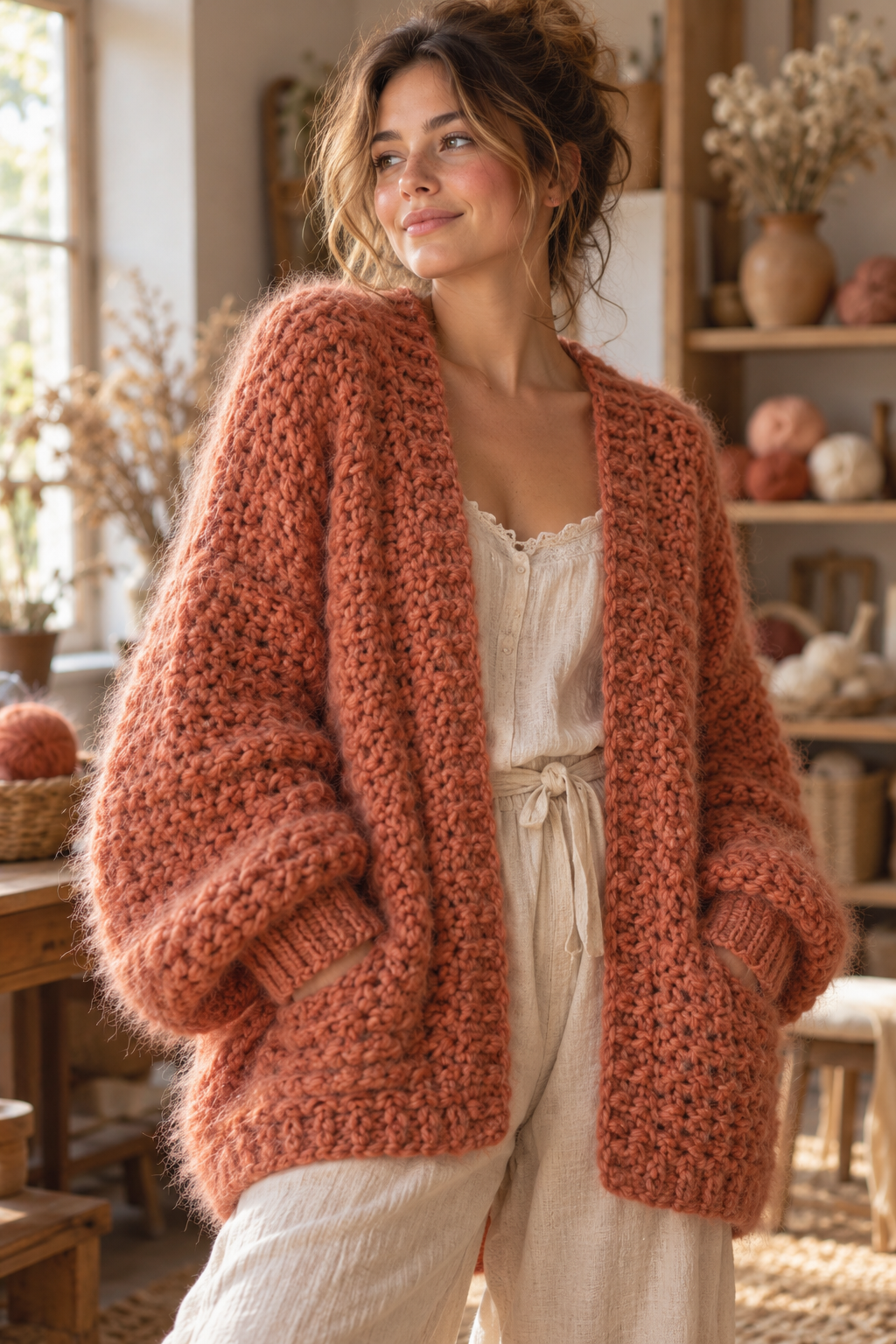 fuzzy peach cardigan crochet pattern detail 1