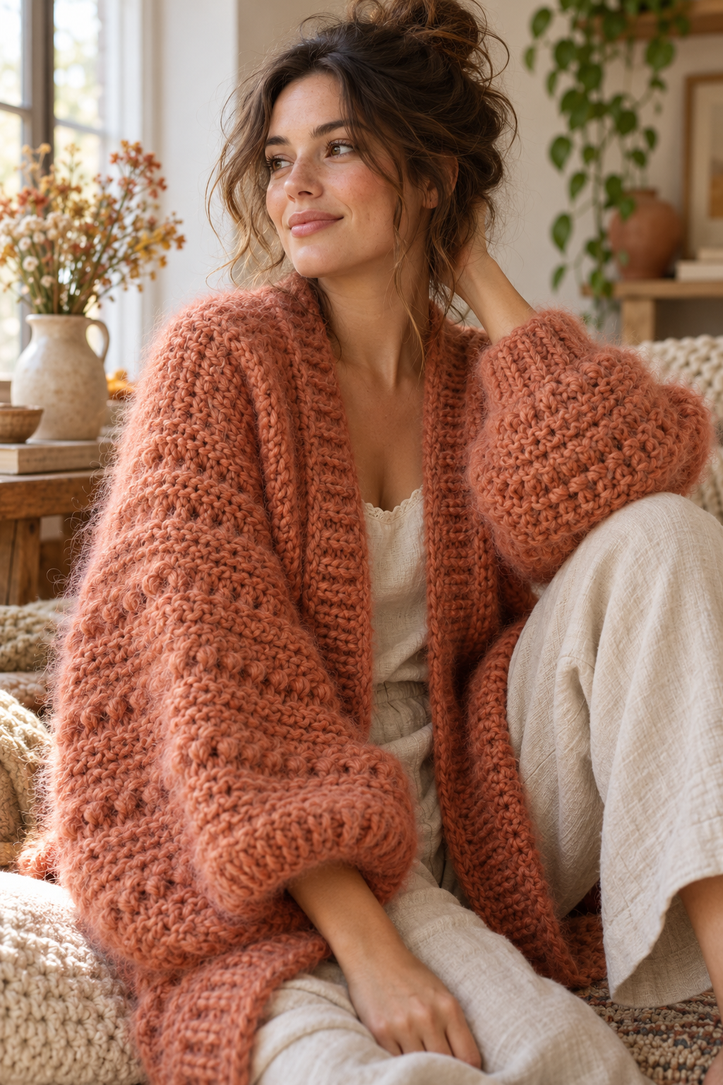 fuzzy peach crochet cardigan featured
