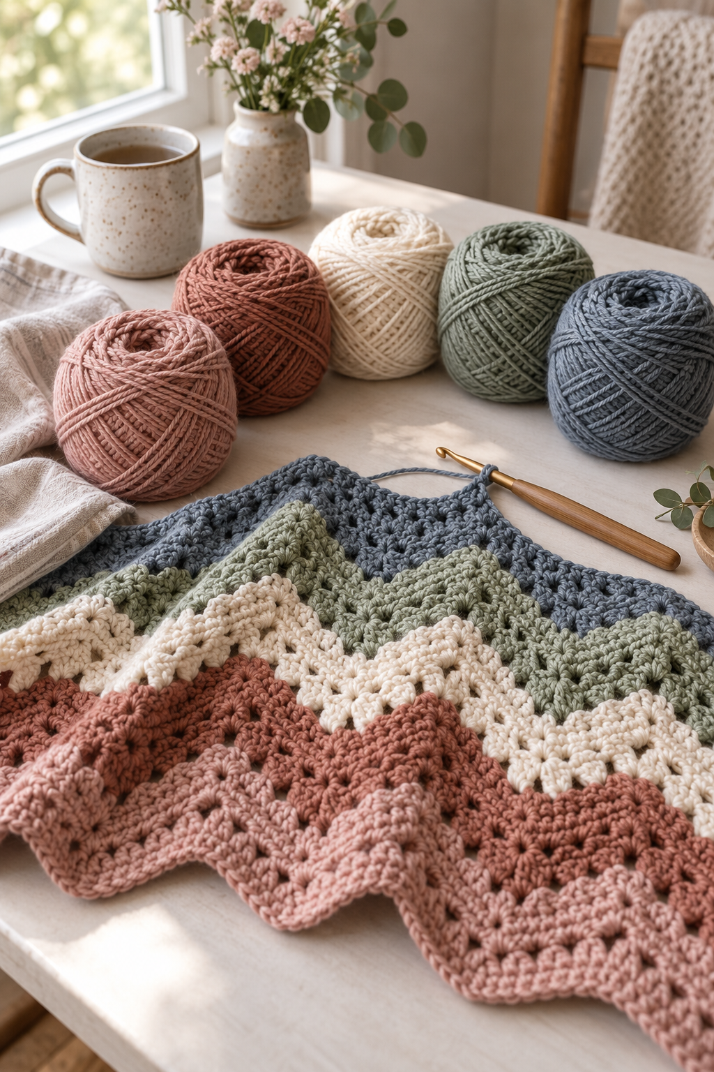Yarn and hook beside a granny ripple blanket project