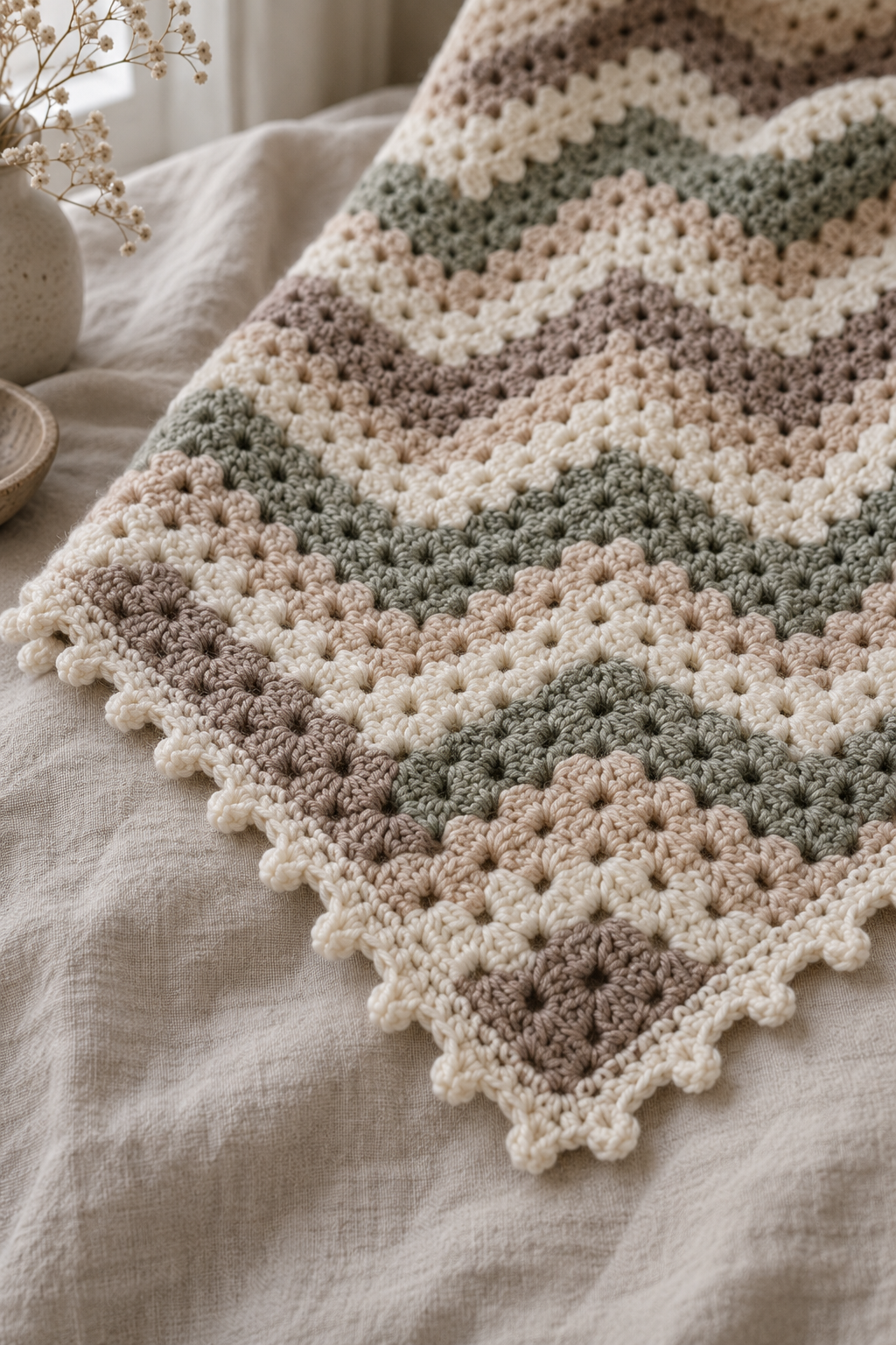 Blocked granny ripple blanket corner with picot edge