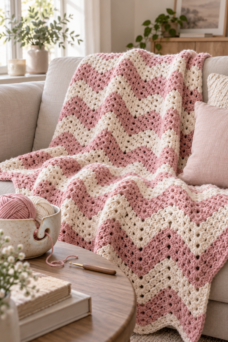 Soft pink granny ripple blanket draped over a sofa