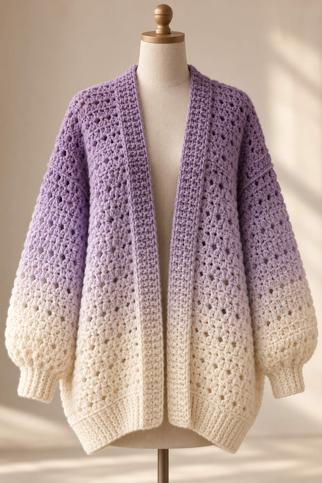 halo hugs cardigan crochet pattern in lavender and cream