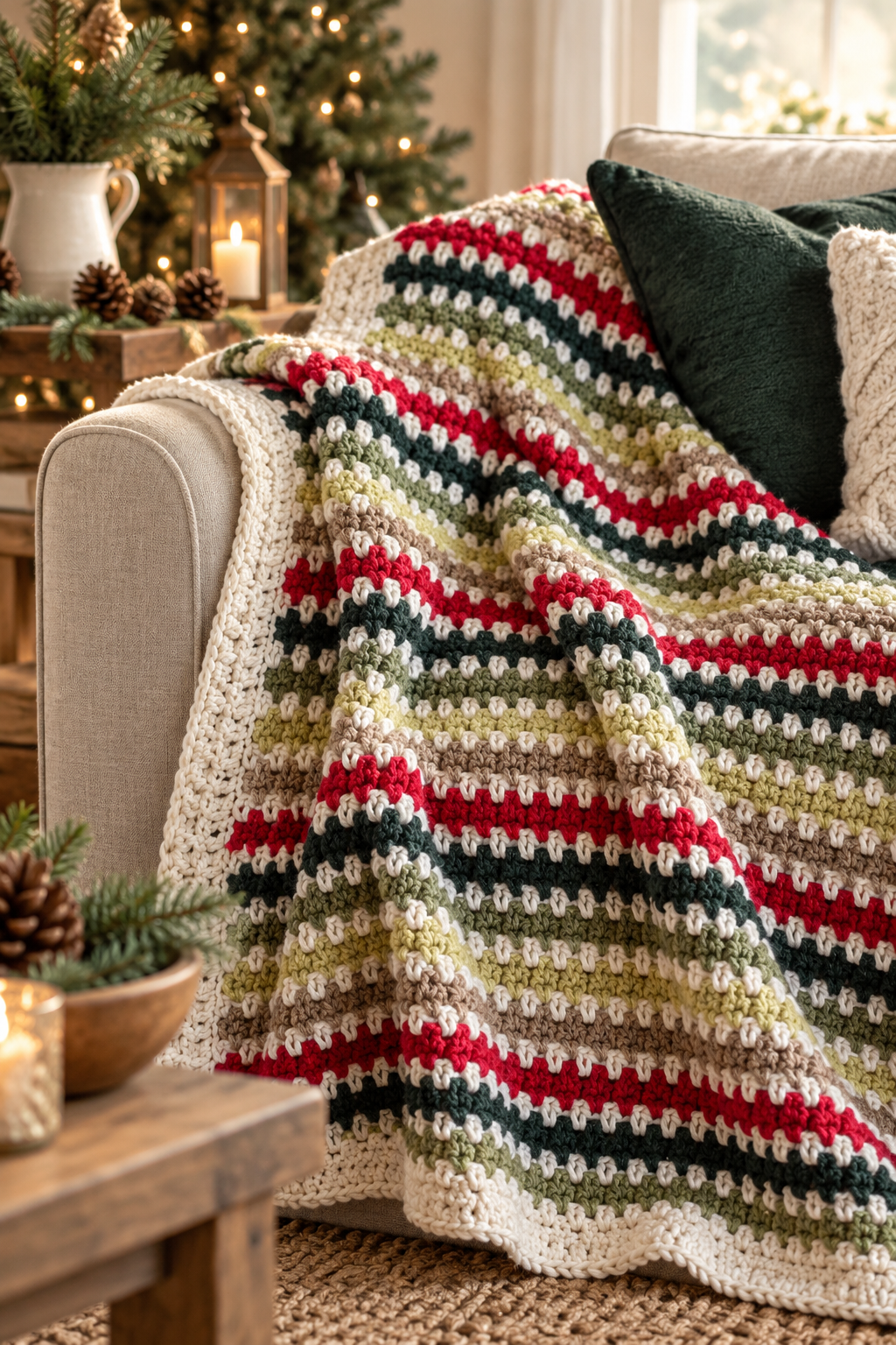 Holiday moss stitch crochet blanket detail