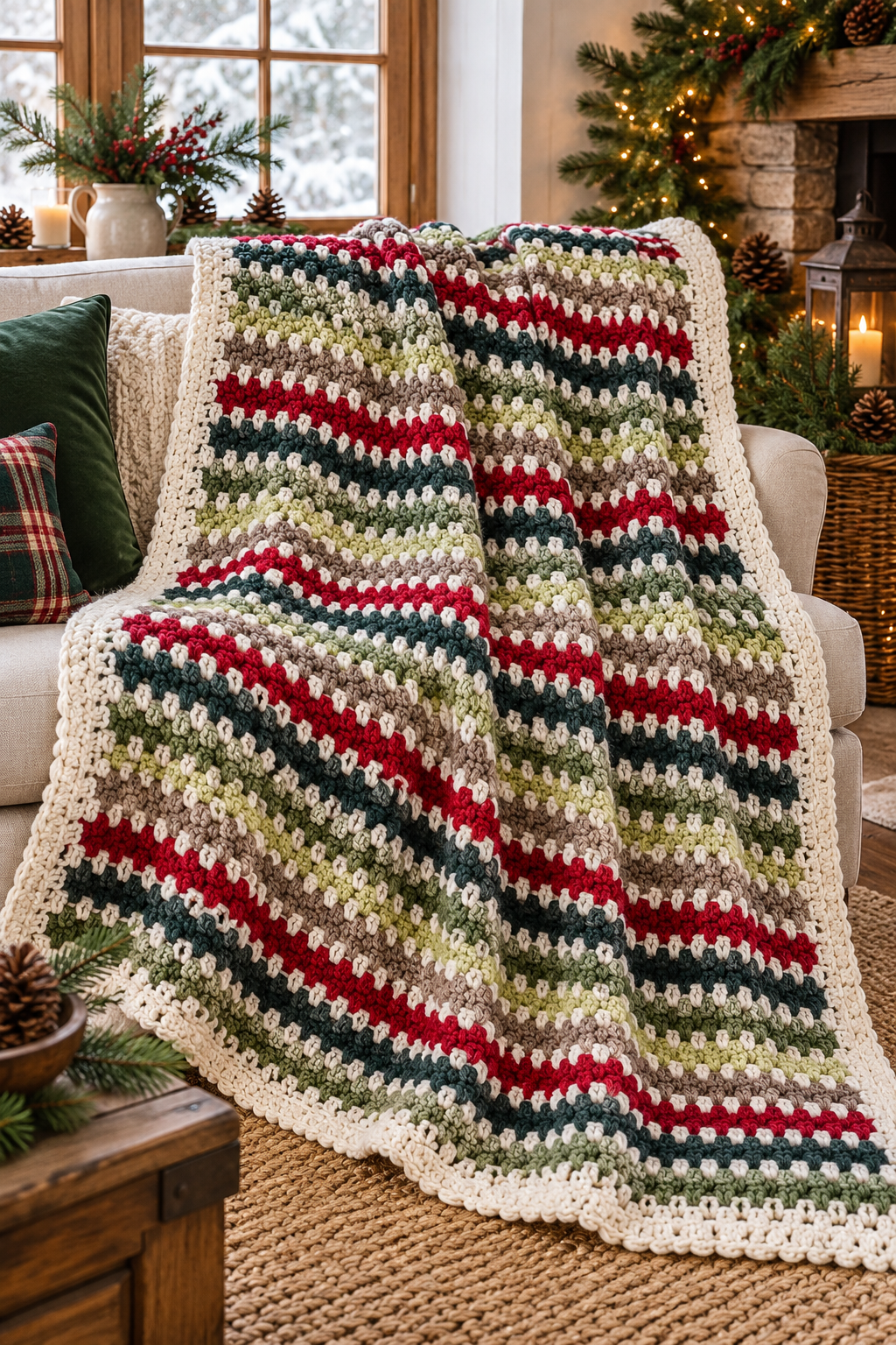 Holiday moss stitch crochet blanket detail