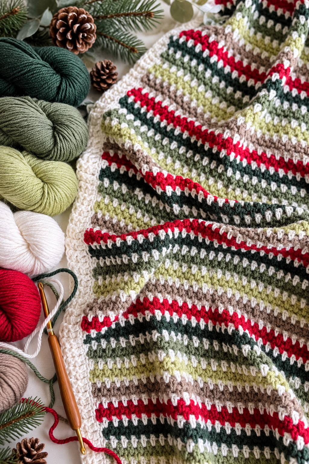 Holiday moss stitch crochet blanket detail