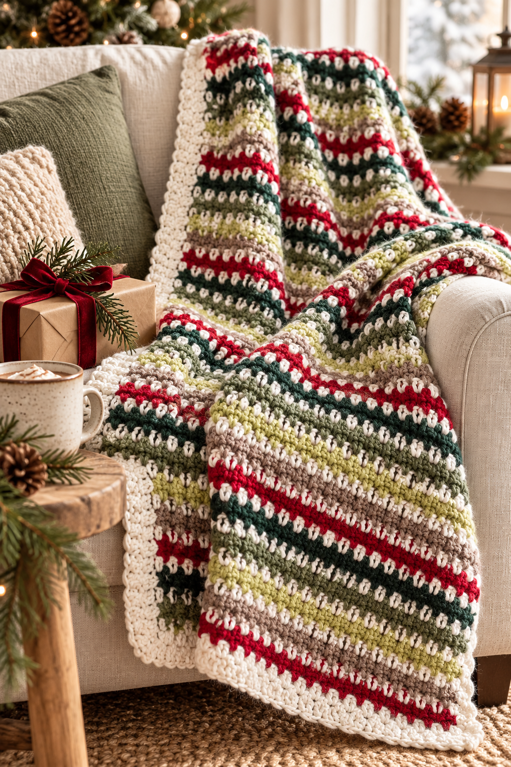 Holiday moss stitch crochet blanket detail