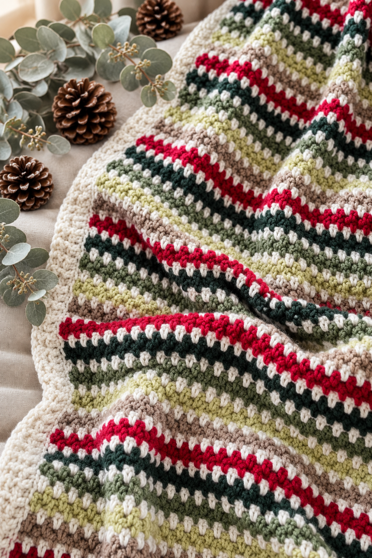 A richly textured holiday crochet blanket in moss stitch, styled as a finished cozy throw