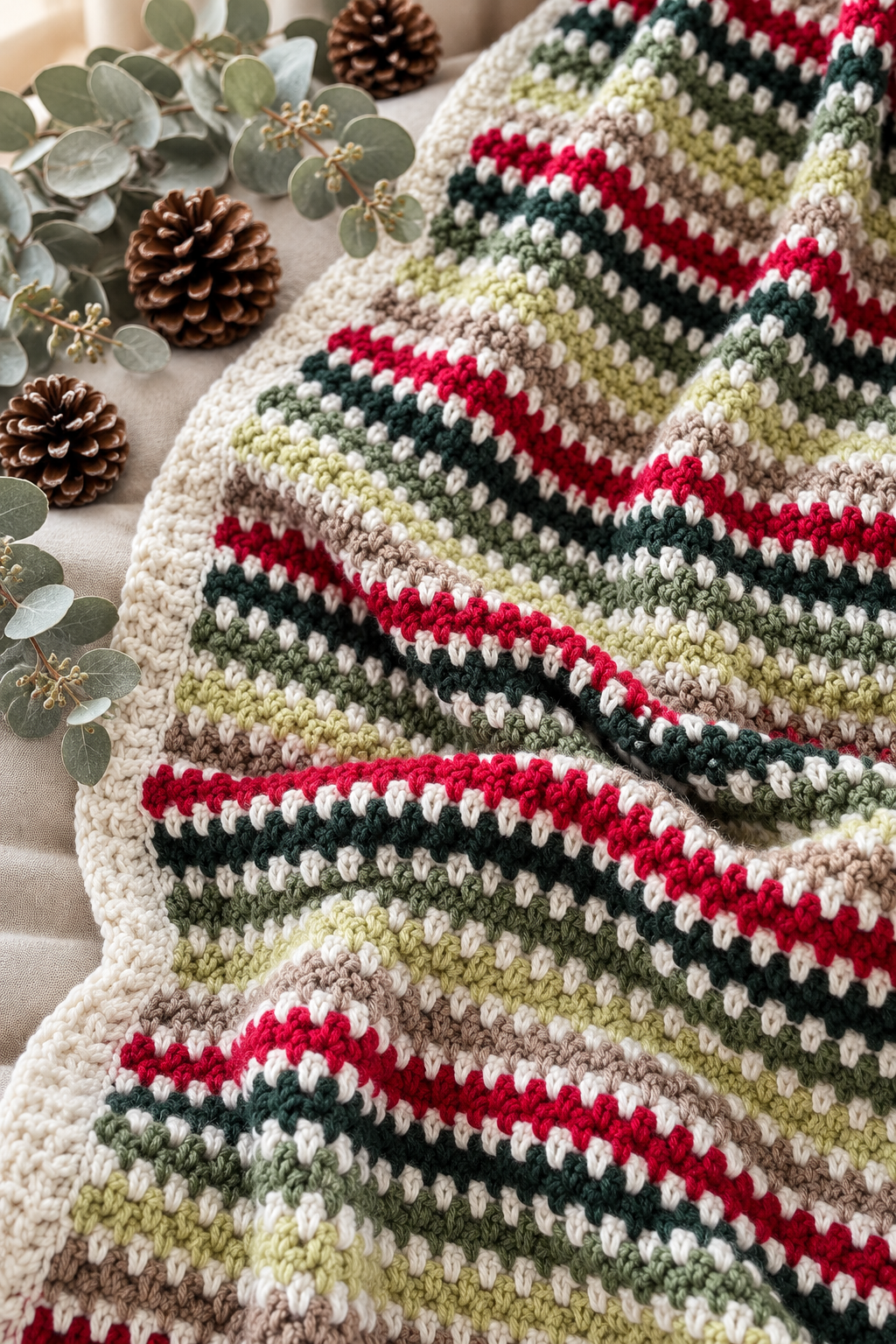 A richly textured holiday crochet blanket in moss stitch, styled as a finished cozy throw