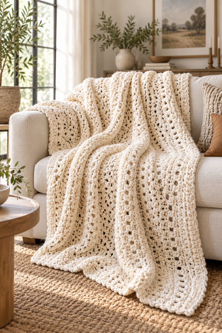 Honey weave crochet blanket displayed in a cozy living room