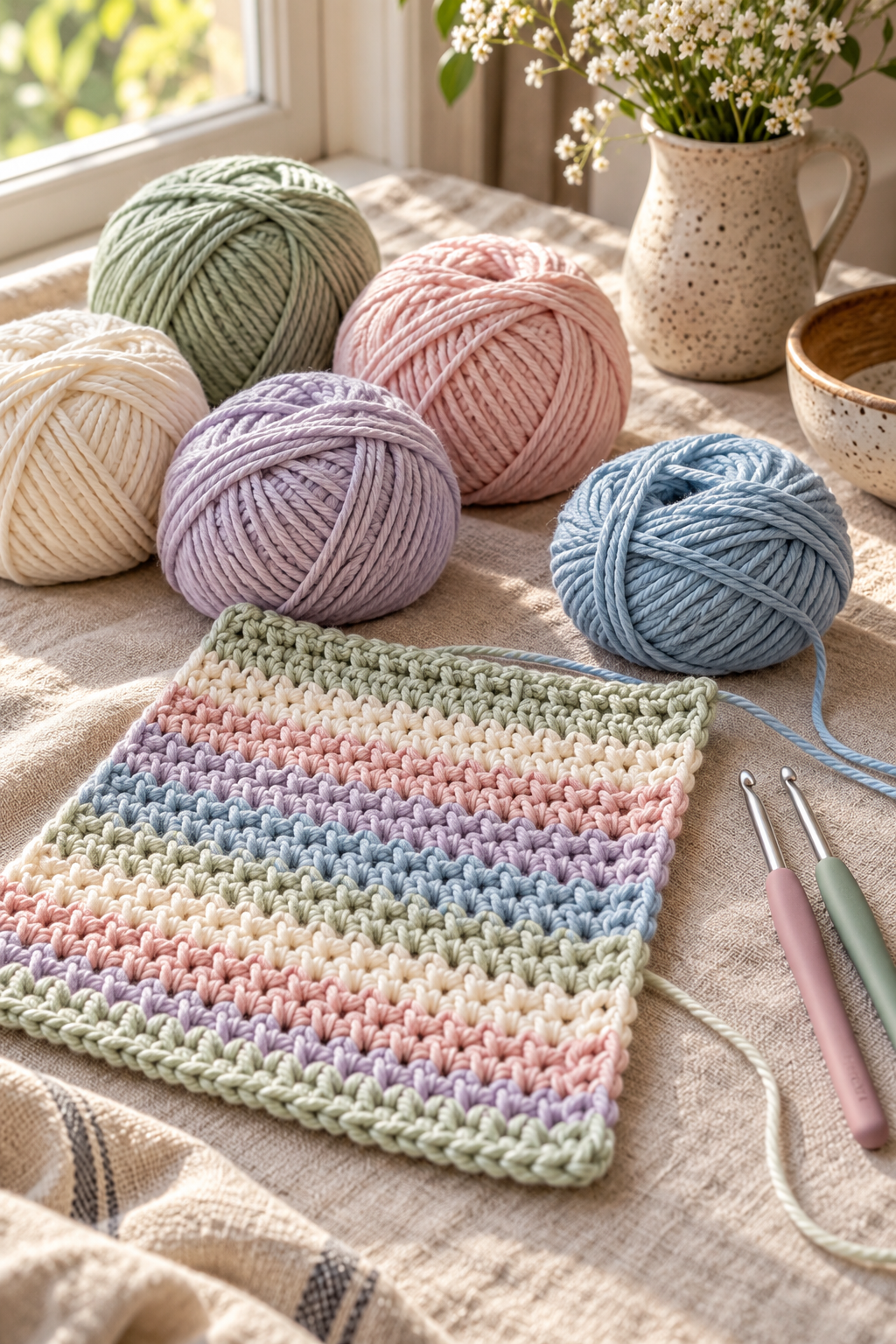 Cotton yarn and crochet hooks beside a partially worked dishcloth