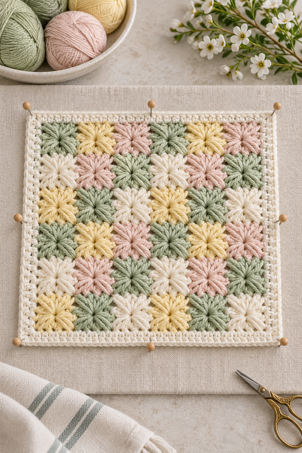 Finished square crochet dishcloth with a neat border