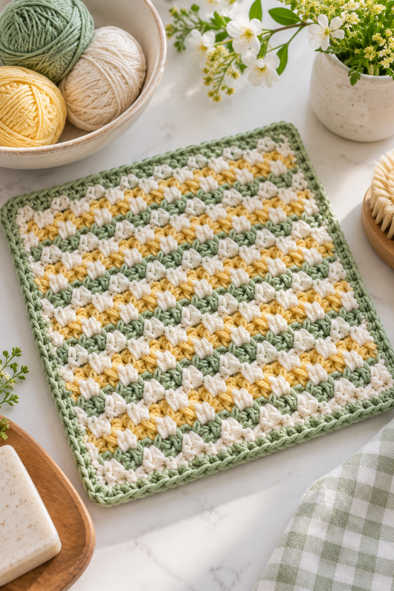 Honey weave crochet dishcloth in soft spring colors