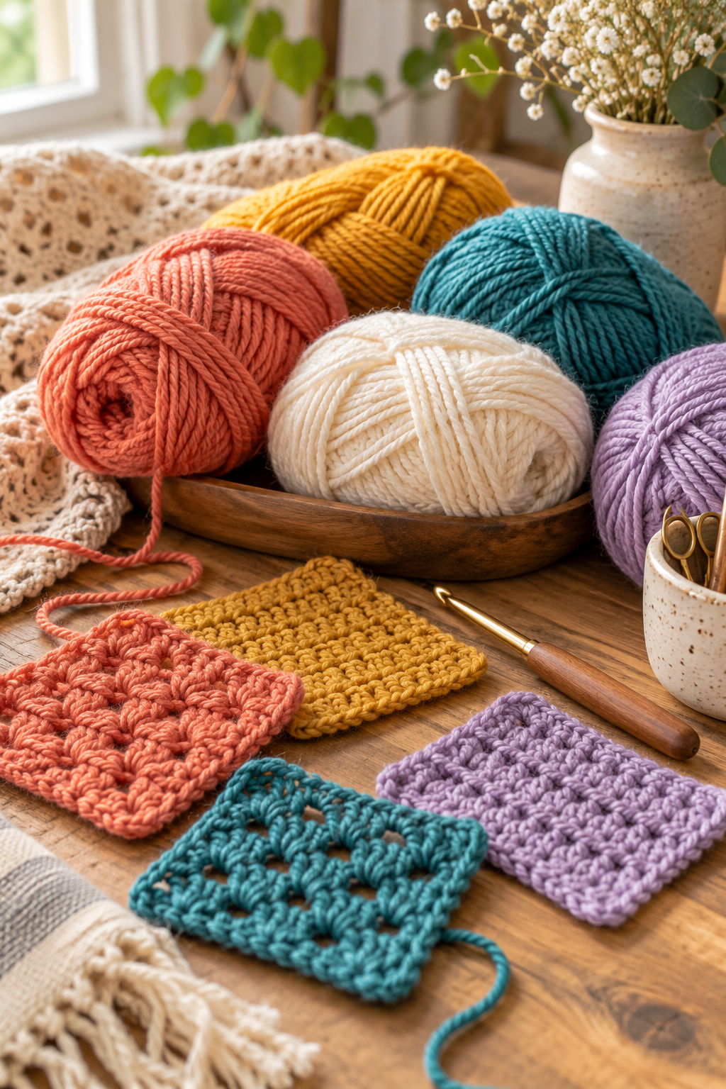 Learn how to crochet for beginners with colorful yarn and practice swatches