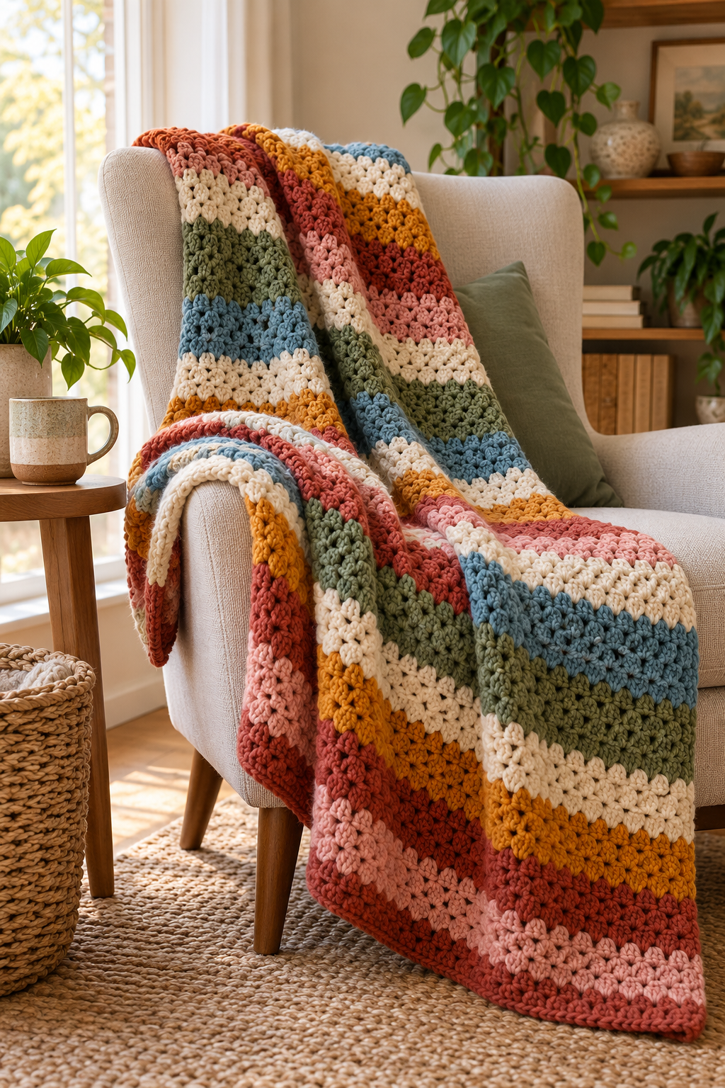 MJ’s Signature Blanket crochet pattern in a warm living room