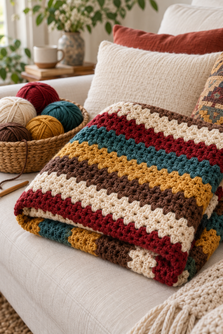 Striped crochet blanket in warm colors